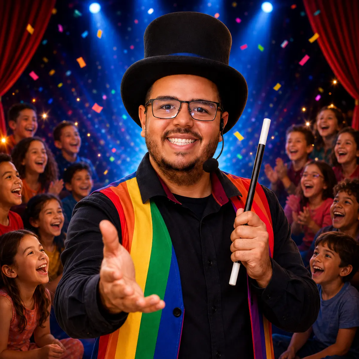 Mágico Dias de cartola e varinha, cercado por crianças sorrindo em um palco